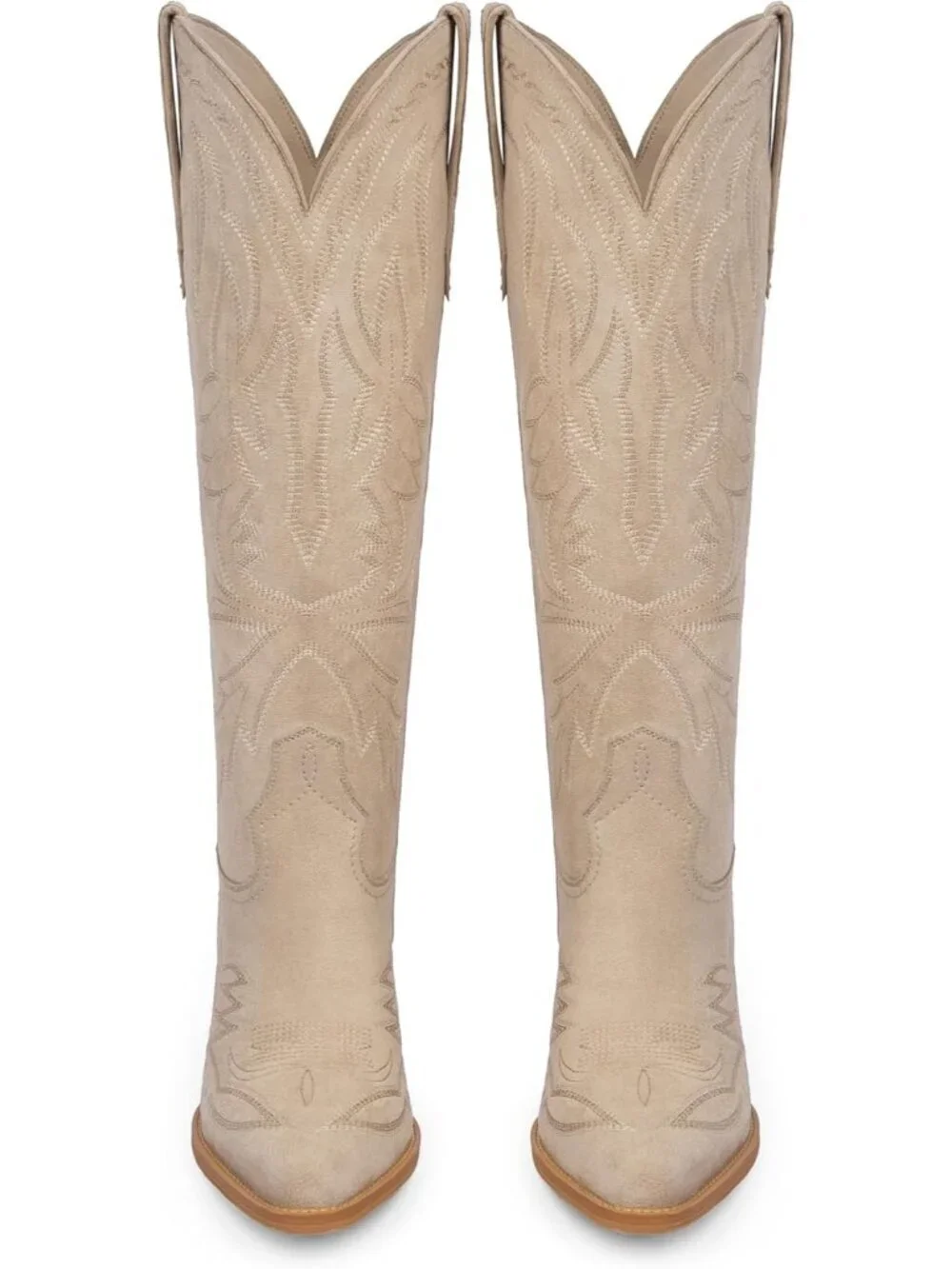 Women's Suede tan Knee High Boots Embroidered Pull on Pointed Toe Chunky Heel
